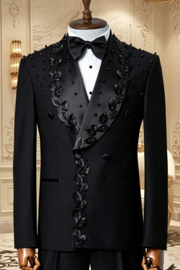New Arrival Black Double Breasted Appliques Beadings Prom Suits