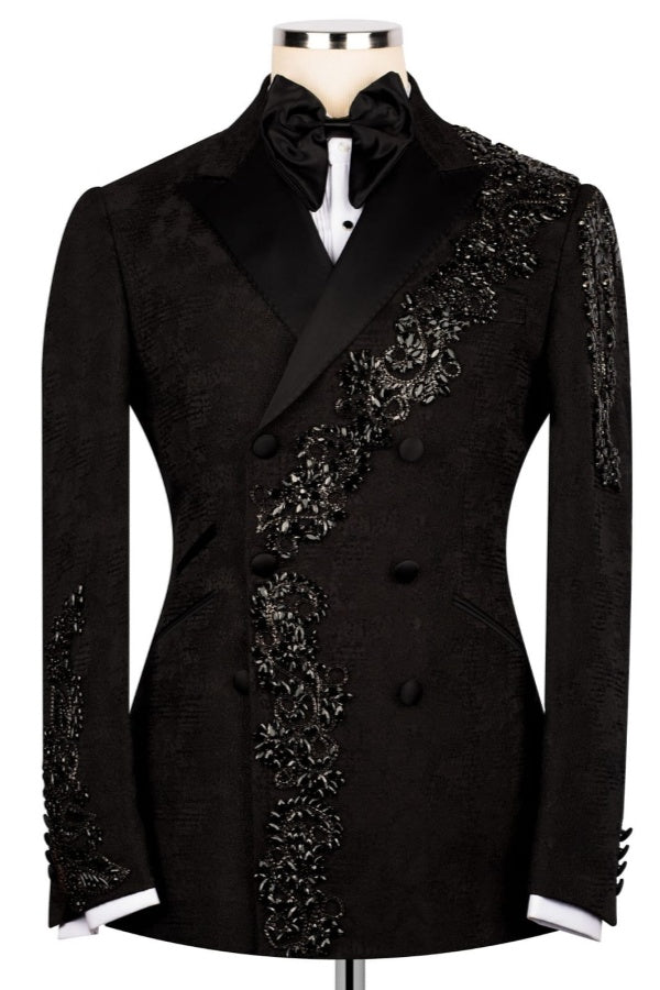 Chic Black Double Breasted Beadings Peaked Lapel Prom Suits