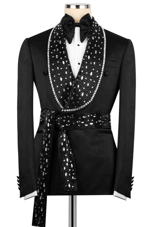 Fancy Black Shawl Lapel Beadings Prom Suits With Belt