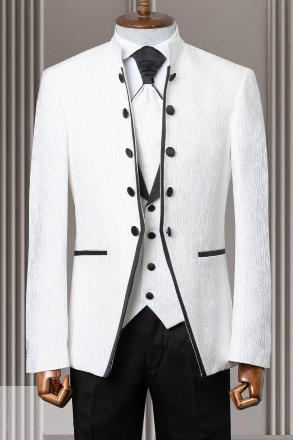 Modern White 3 Pieces Shawl Lapel Jacquard Wedding Men Suits