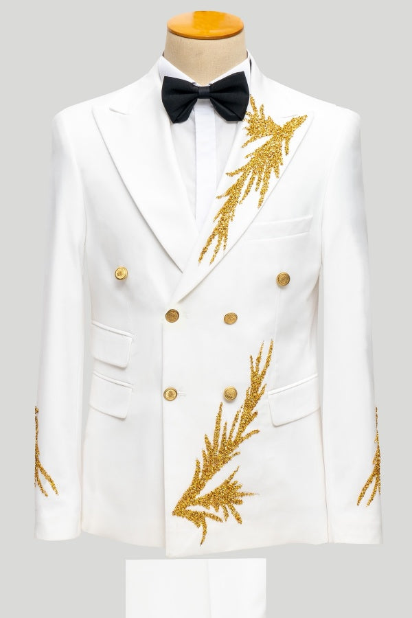 Fancy White Double Breasted Appliques Prom Men Suits