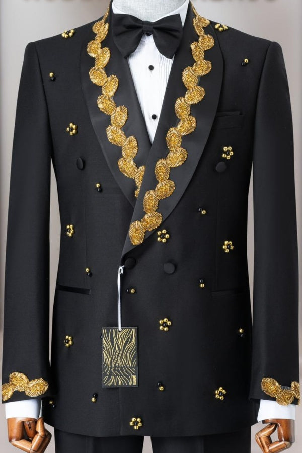 Chic Black Double Breasted Appliques Beadings Prom Suits