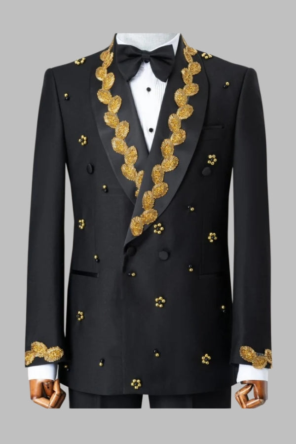 Chic Black Double Breasted Appliques Beadings Prom Suits