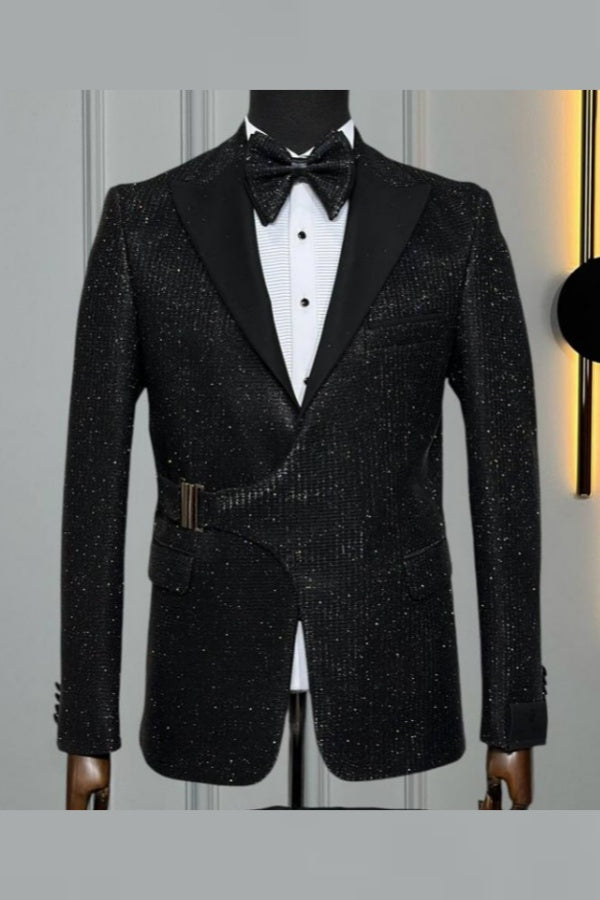 Stylish Black Sequins Peaked Lapel Prom Suits With Belt