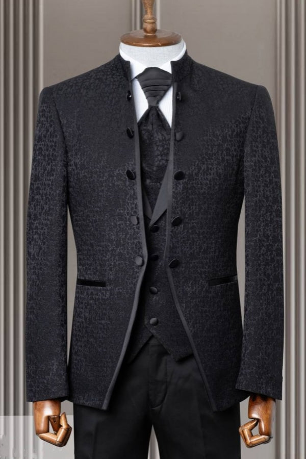 Charming Black 3 Pieces Jacquard Shawl Lapel Wedding Suits