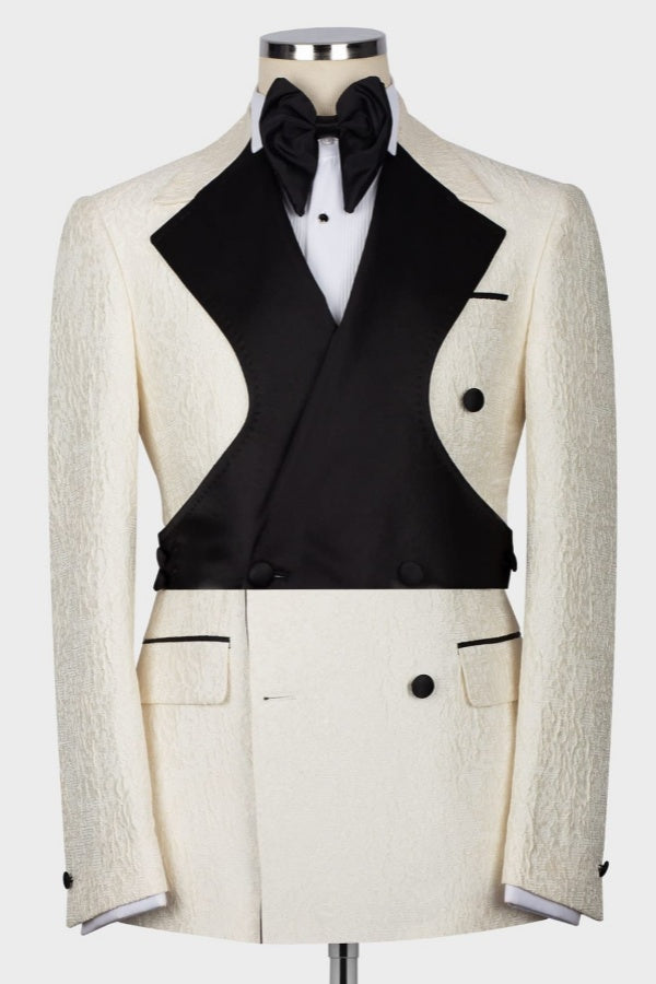 Fashion Off-white Double Breasted Notched Lapel Jacquard Prom Suits