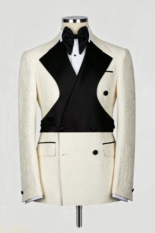 Fashion Off-white Double Breasted Notched Lapel Jacquard Prom Suits