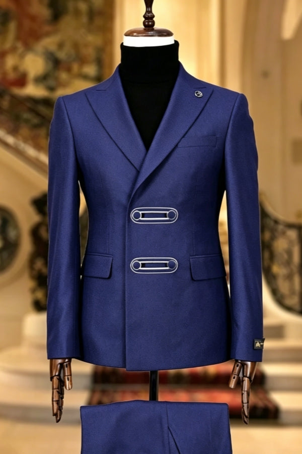 Chic Deep Blue Double Breasted Peaked Lapel Prom Men Suits