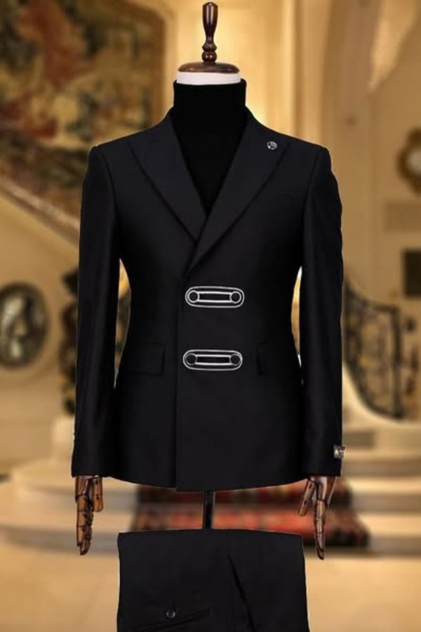 Popular Black Double Breasted Peaked Lapel Prom Men Suits