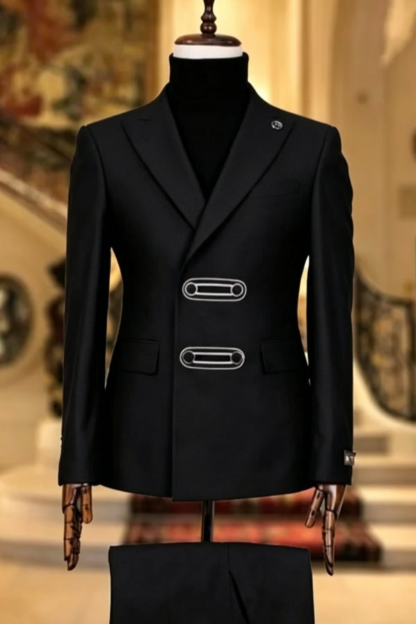 Popular Black Double Breasted Peaked Lapel Prom Men Suits