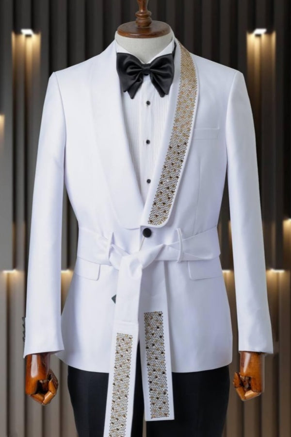 Stylish White Shawl Lapel Beadings Prom Suits With Belt
