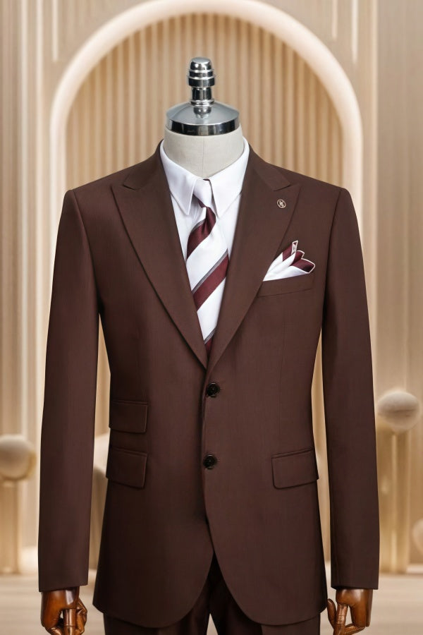 Modern Dark Brown Peaked Lapel Slim Fit Business Men Suits
