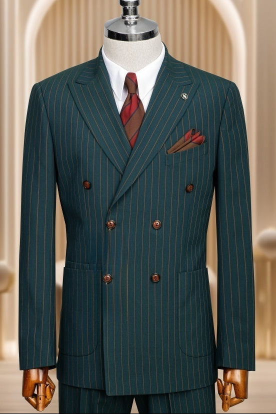 Trendy Teal Double Breasted Striped Fashion Business Suits
