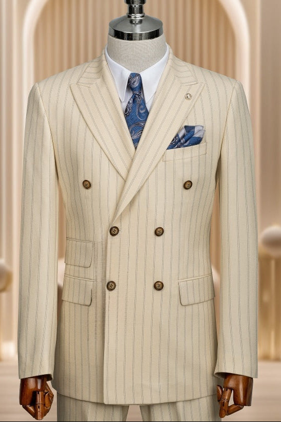 Glamorous Beige Double Breasted Striped Fancy Business Suits