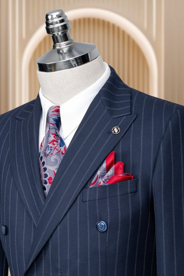 Newest Dark Navy Double Breasted Striped Stylish Business Suits