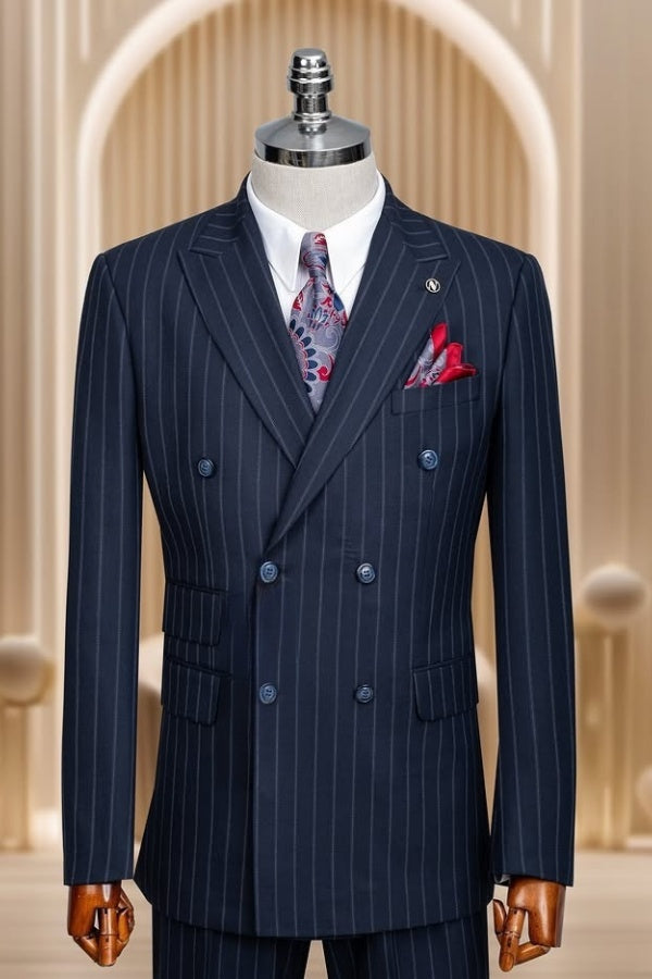 Newest Dark Navy Double Breasted Striped Stylish Business Suits