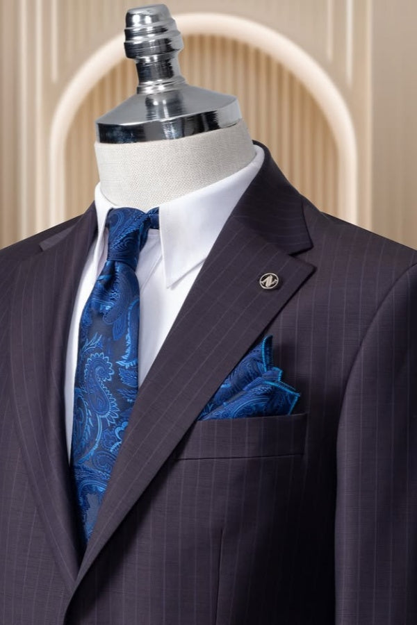 Trendy Dark Navy Notch Lapel Striped Business Suits For Men