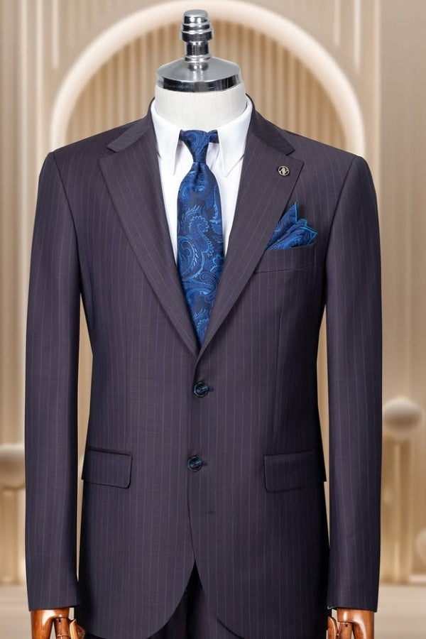 Trendy Dark Navy Notch Lapel Striped Business Suits For Men