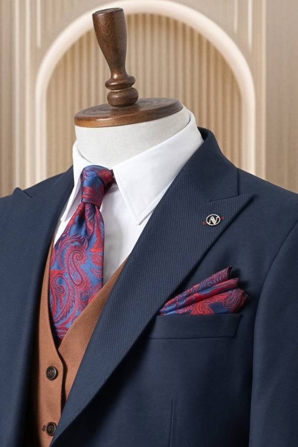 Modern Dark Navy Slim Fit Men's Business Suits With Waistcoat