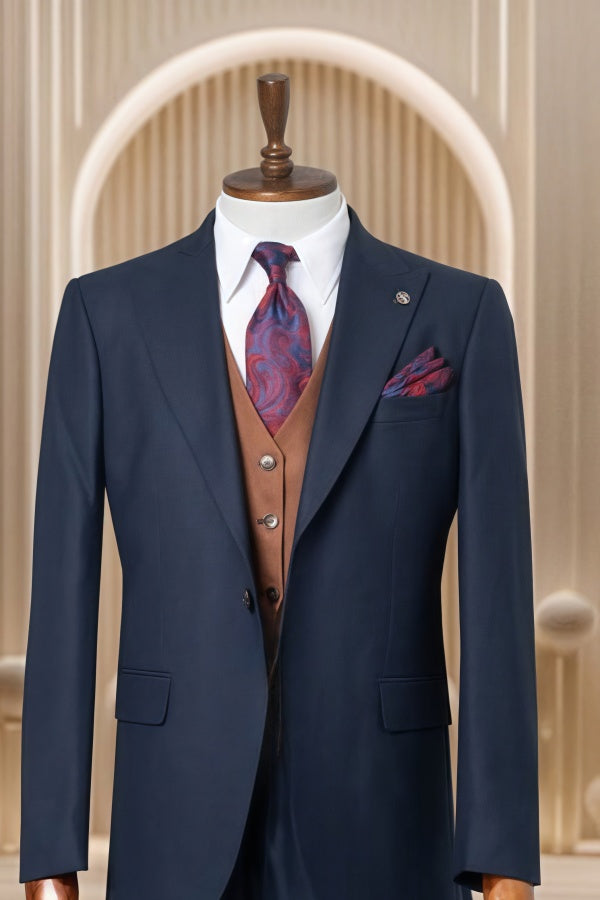 Modern Dark Navy Slim Fit Men's Business Suits With Waistcoat