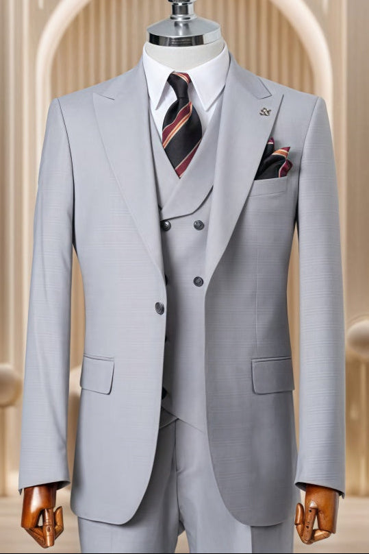 Classic Light Gray 3 Pieces Peaked Lapel Business Men Suits