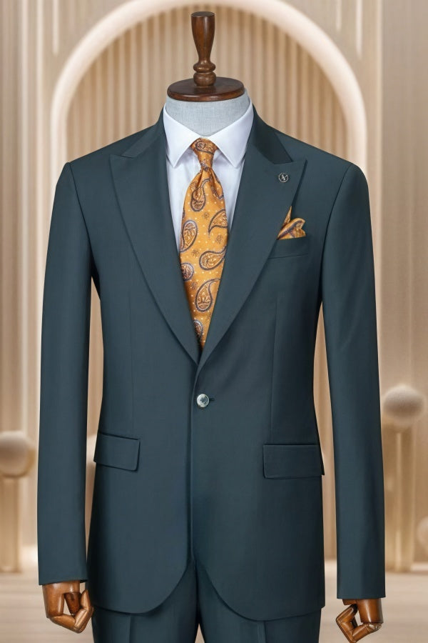 Chic Dark Green Peaked Lapel Slim Fit Business Suits