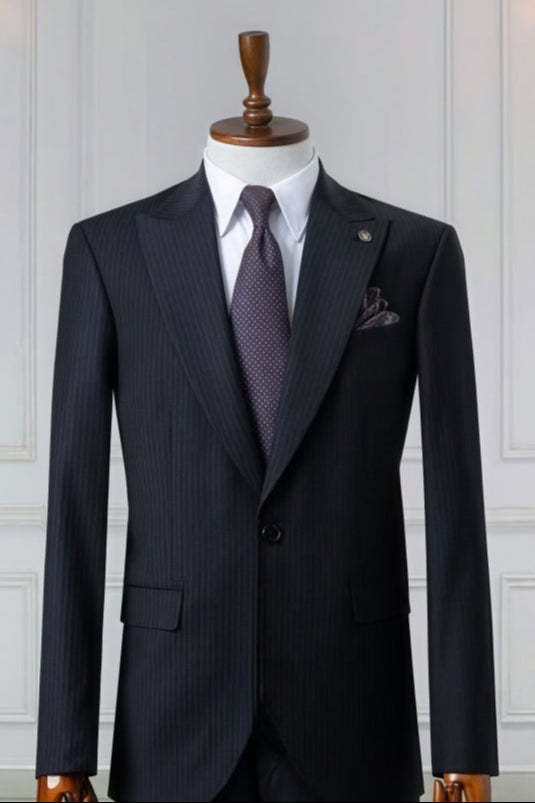 Formal Black Pinstriped Slim Fit Business Men Suits