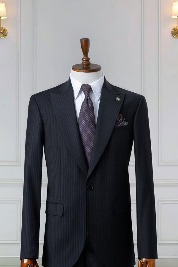 Formal Black Pinstriped Slim Fit Business Men Suits