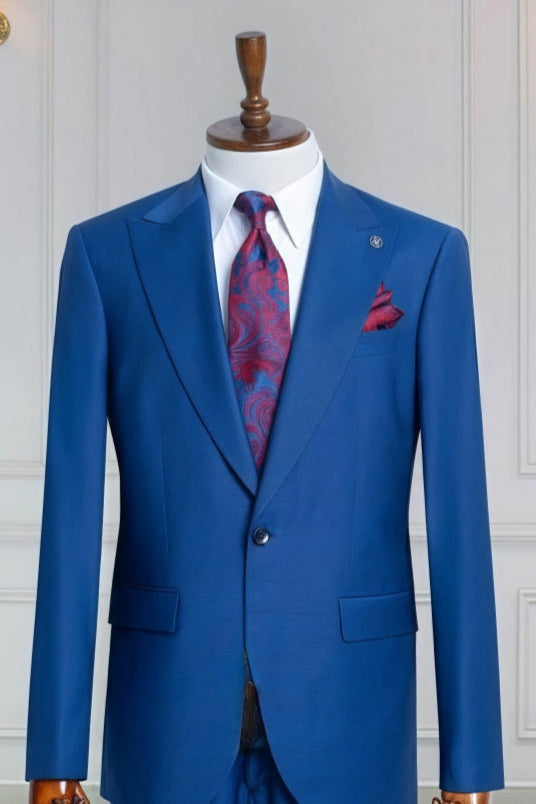 Fashion Royal Blue Peaked Lapel Close Fitting Business Suits
