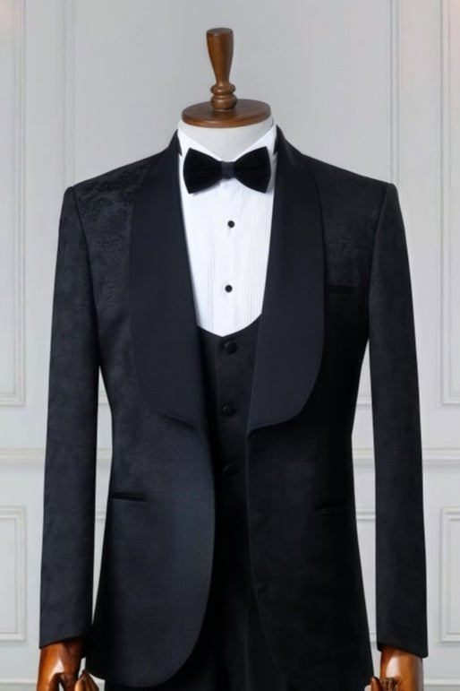 Modern Black Jacquard 3 Pieces Shawl Lapel Wedding Suits With Waistcoat