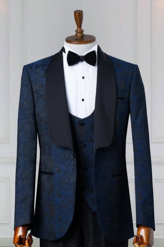 Fashion Navy Blue Jacquard 3 Pieces Shawl Lapel Wedding Suits