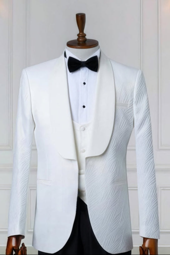 Fancy White Jacquard 3 Pieces Shawl Lapel Wedding Suits For Men