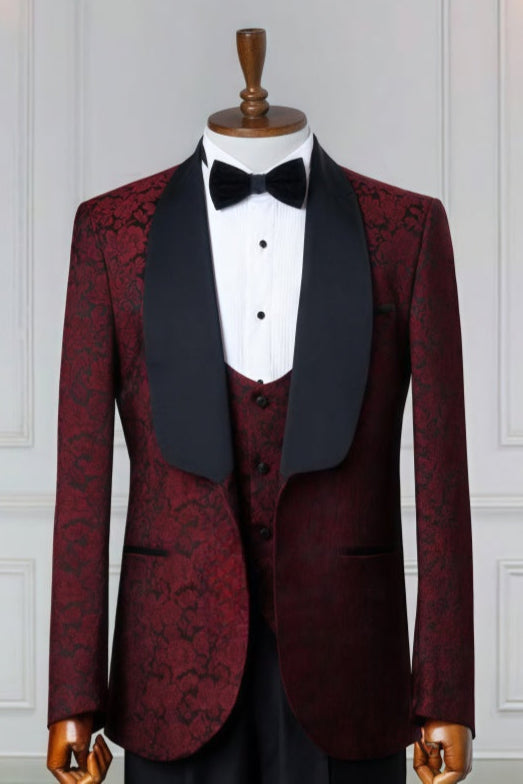 Stylish Burgundy Jacquard 3 Pieces Slim Fit Wedding Suits