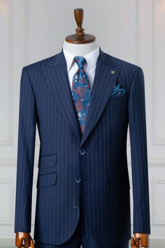 New Arrival Navy Blue Striped Close Fitting Business Suits For Men