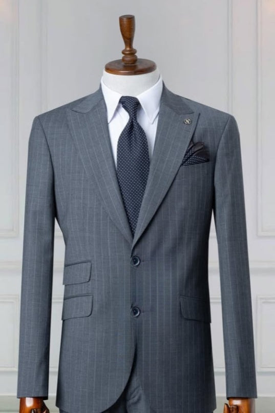 Trendy Dark Gray Striped Classic Business Suits For Men