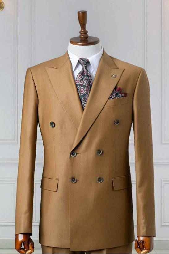 Stylish Khaki Double Breasted Slim Fit Business Suits For Men