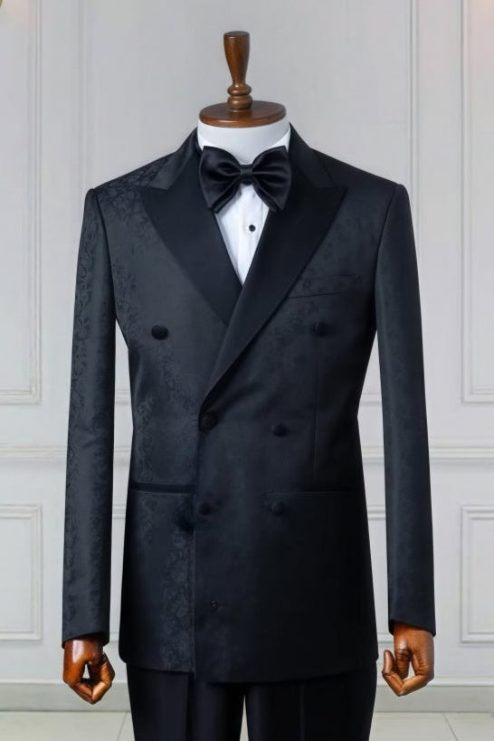 Close Fitting Black Double Breasted Jacquard Prom Suits