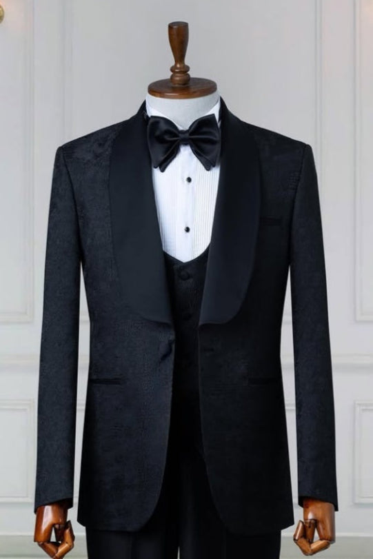 Chic Black Jacquard 3 Pieces Wedding Suits For Men