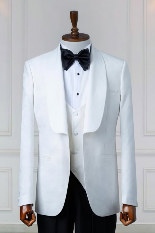 Close Fitting White Jacquard 3 Pieces Wedding Men Suits