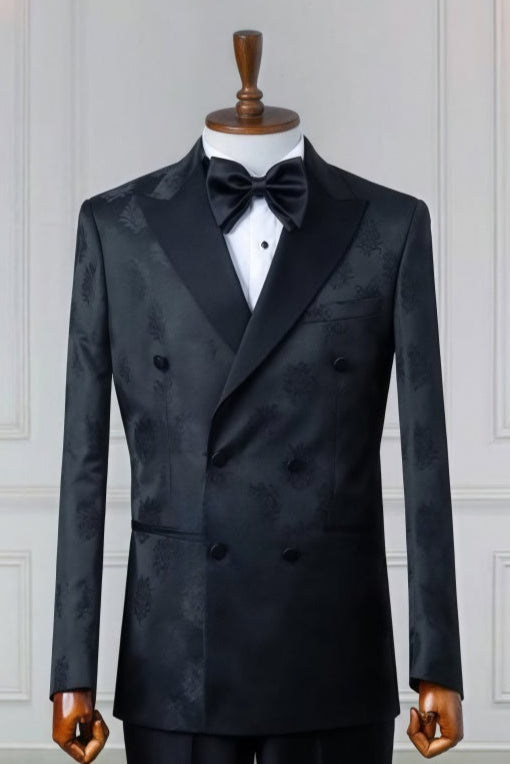 Trendy Black Double Breasted Jacquard Slim Fit Prom Suits For Men