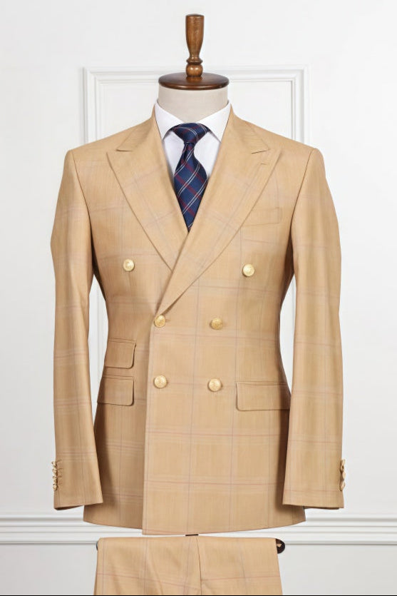 Bespoke Khaki Double Breasted Plaid Business Suits For Men