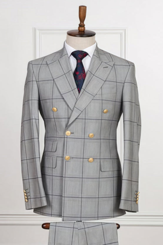 Modern Light Gray Double Breasted Plaid Business Suits