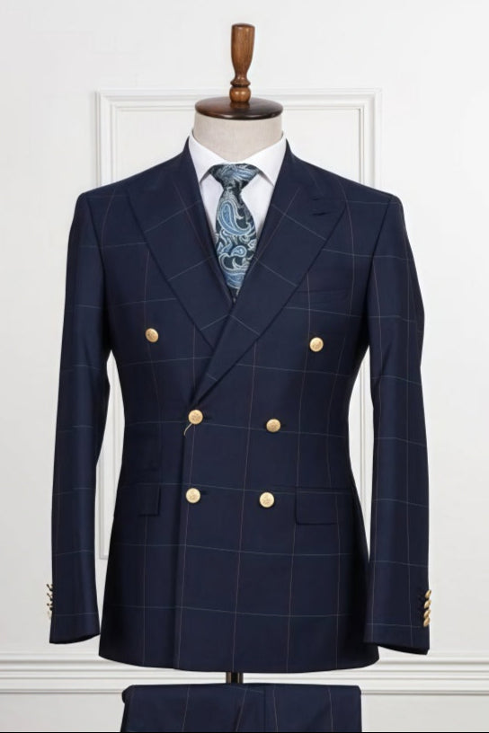 Formal Dark Navy Double Breasted Plaid Men's Business Suits