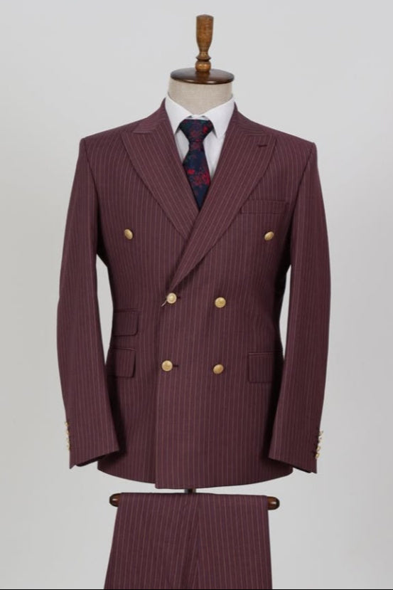 Stylish Dark Burgundy Striped Double Breasted Business Suits