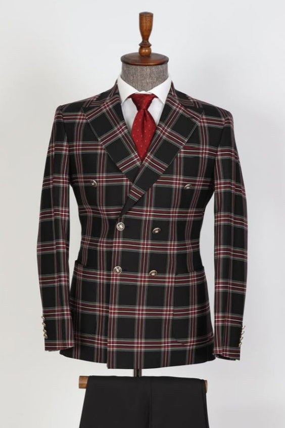 Slim Fit Double Breasted Business Suits With Red Plaid