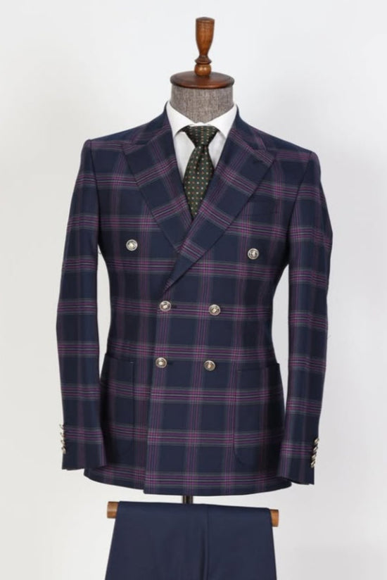 Elegant Navy Blue Double Breasted Business Suits With Grape Plaid