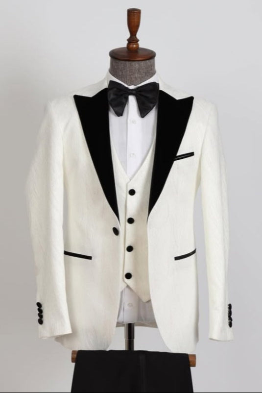 Fancy White Jacquard 3 Pieces Prom Suits With Black Lapel