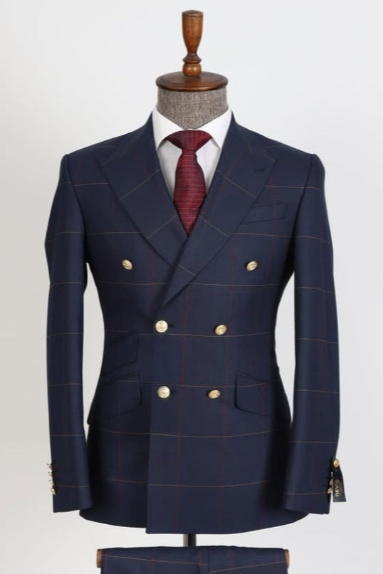 Modern Formal Dark Navy Double Breasted Plaid Business Suits