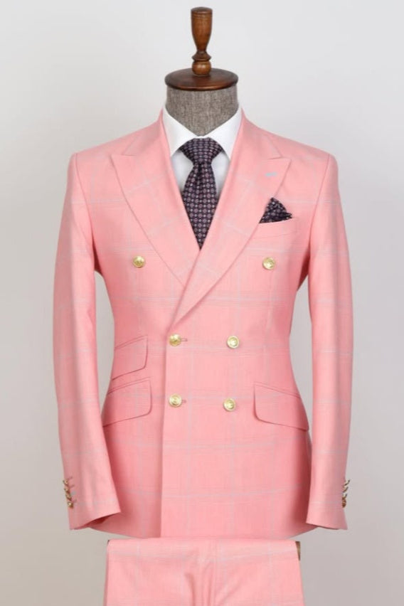 Fashion Pink Double Breasted Plaid Prom Men Suits