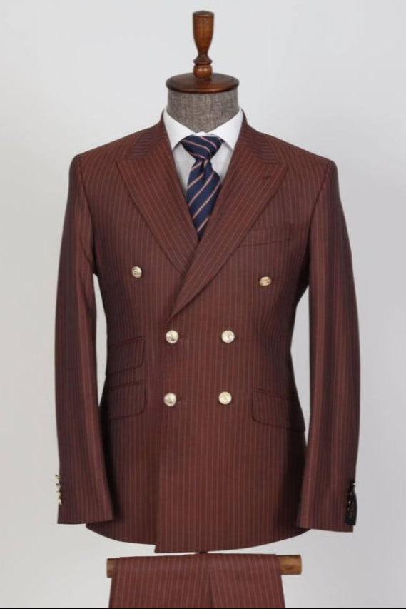 Formal Caramel Pinstriped Double Breasted Business Men Suits